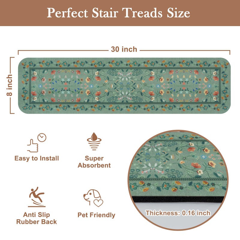 OJIA Floral Stair Treads Non-Slip Stair Runner for Wooden Steps Indoor 15PCS 30"x8" Carpet Stair Treads Stair Mats Staircase Step Treads for Kids, Elders and Dogs, Stair Covers, Green - Image 5