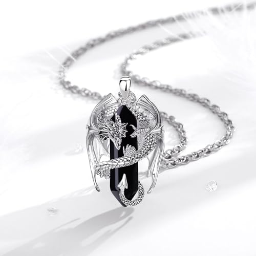 INFUSEU Obsidian Dragon Necklace Black Stone Gifts Jewelry for Men Women Healing Crystal Pendant Rock Silver Big Protection Amulet Spiritual Accessories Birthday Cool Personalized Present - Image 3