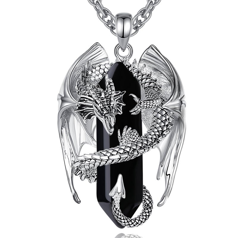 INFUSEU Obsidian Dragon Necklace Black Stone Gifts Jewelry for Men Women Healing Crystal Pendant Rock Silver Big Protection Amulet Spiritual Accessories Birthday Cool Personalized Present - Image 2