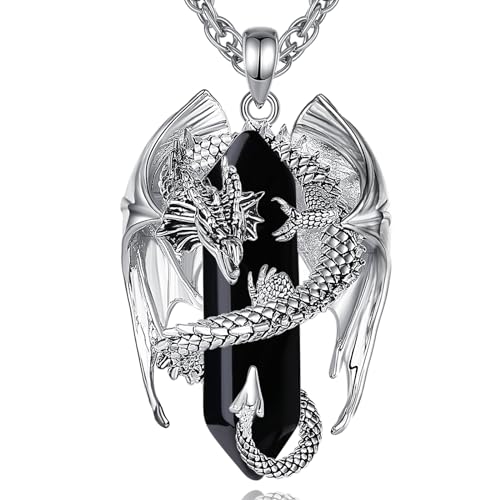 INFUSEU Obsidian Dragon Necklace Black Stone Gifts Jewelry for Men Women Healing Crystal Pendant Rock Silver Big Protection Amulet Spiritual Accessories Birthday Cool Personalized Present - Image 1