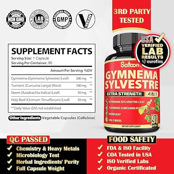 Satoomi Pure Gymnema Sylvestre Capsules Extract - 90 Capsules for 3-Month - Combined with Neem Leaf, Holy Basil & Turmeric Curcumin Root - Image 2