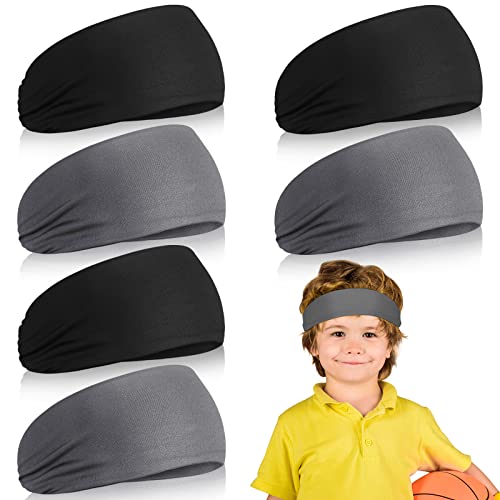 Deekin 6 Pcs Kids Boys Headbands Athletic Sweatbands for Boys Girls Youth Kids Sweat Bands Sweat Absorbing Elastic Hairband Black Gray - Image 1