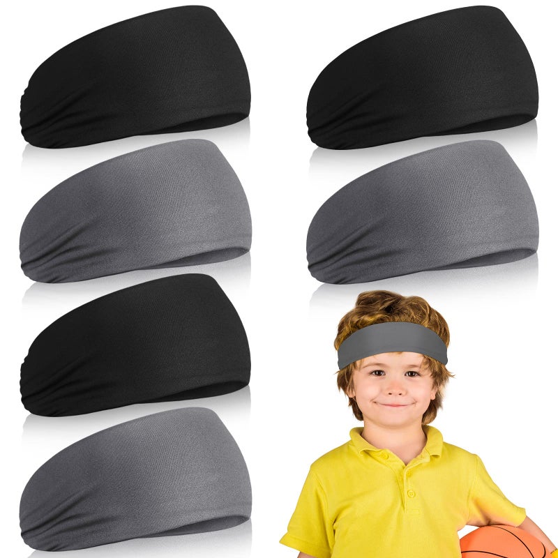 Deekin 6 Pcs Kids Boys Headbands Athletic Sweatbands for Boys Girls Youth Kids Sweat Bands Sweat Absorbing Elastic Hairband Black Gray - Image 2
