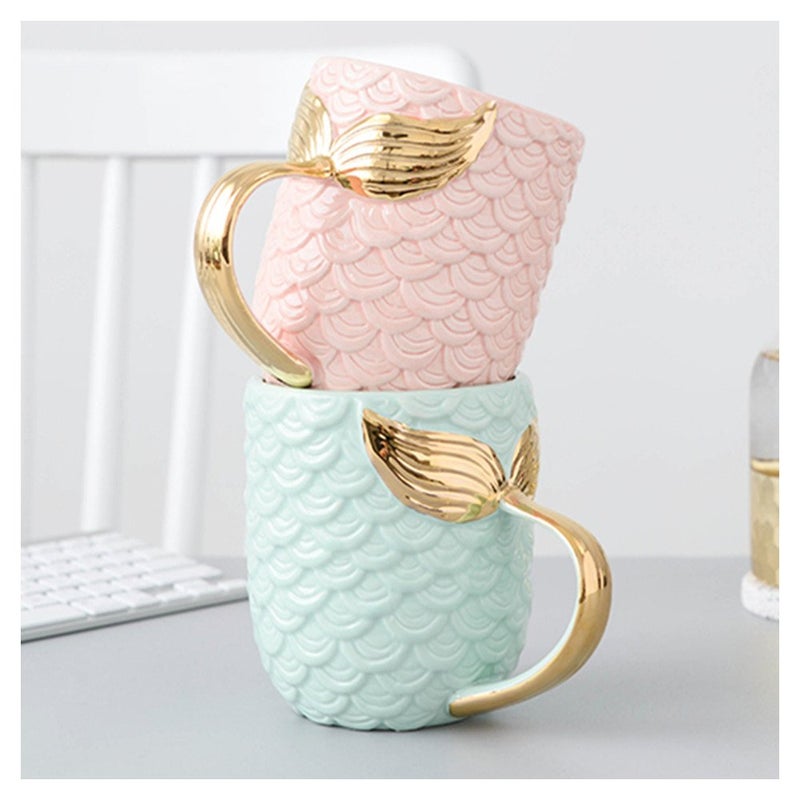 Zah 15 Oz Mermaid Mug Ceramic Coffee Mugs Big Cute Cups Cappuccino Teacup Birthday Bridal Shower Engagement Wedding Gifts Soup Mug For Men Women Kids Girls Boys (Gold Handle Blue Mermaid Tail) - Image 4