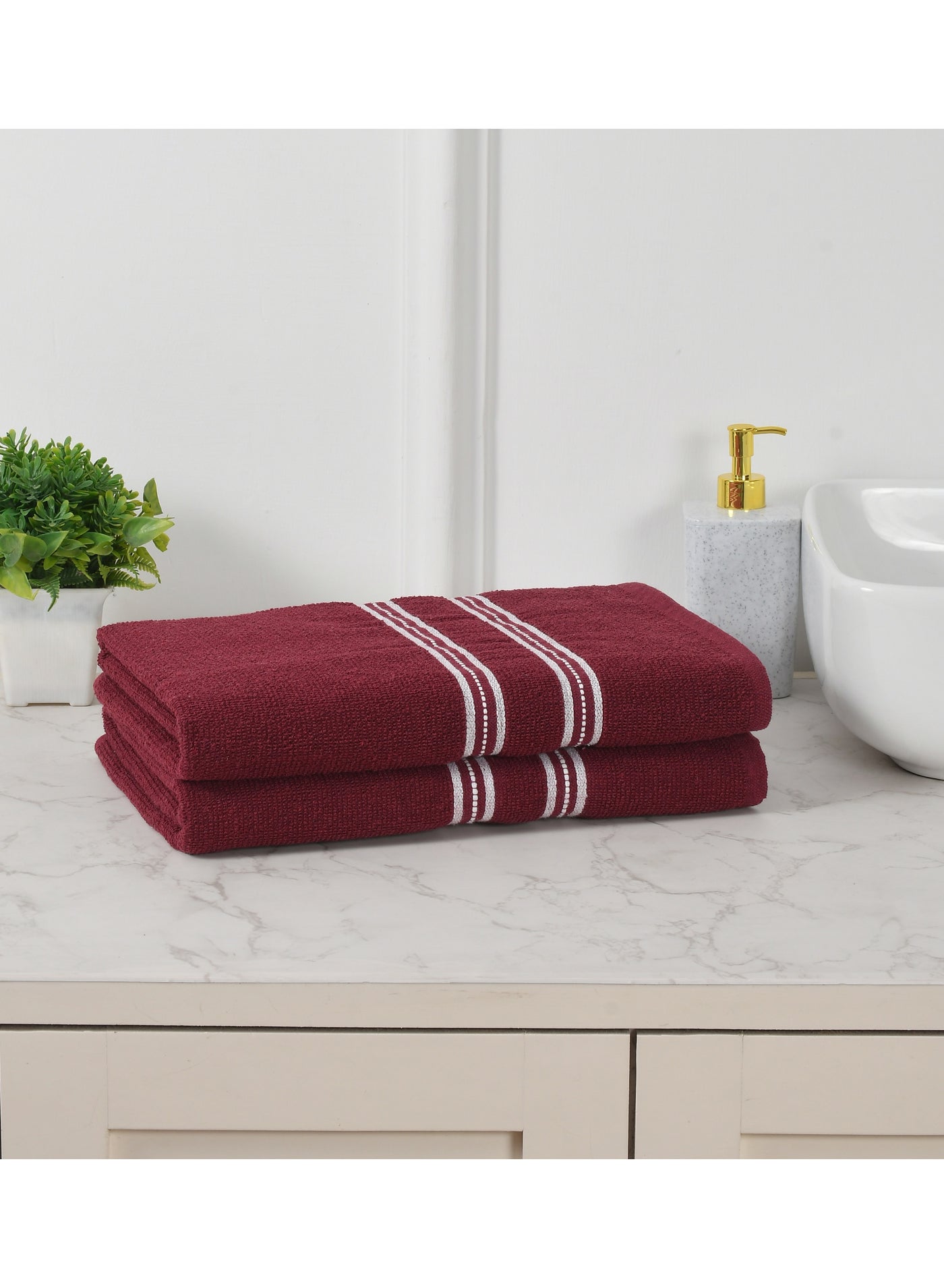 AURIO Premium 100% Cotton Bath Towel Set of 2 – Large 68x135 cm Highly Absorbent Plush Body Towels with Decorative White Double-Stripe Dobby Border – Elegant Luxury Collection