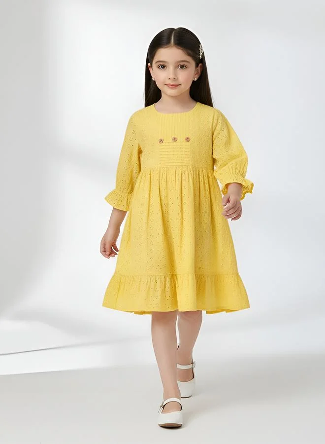 Bella Moda Schifli Cutwork Dress with Pleated Yoke and Puff Sleeves