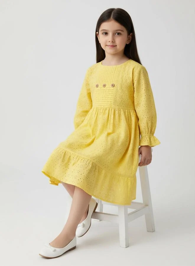 Bella Moda Schifli Cutwork Dress with Pleated Yoke and Puff Sleeves