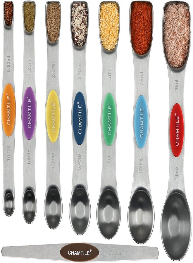 CHAMTILE Magnetic Measuring Spoons Set of 8 Dual Sided Stainless Steel Measuring Spoons Long Handle Stackable Teaspoon Tablespoon for Measuring Dry and Liquid Ingredients - Image 1