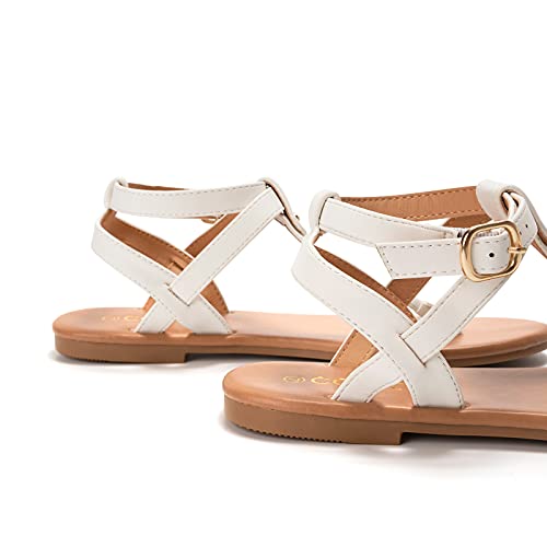 Colgo Thong Flat Sandals, Casual Women T-Strap Dress Sandals with Adjustable Ankle Buckle for Summer Wedding (White/Sdl,7.5) - Image 3