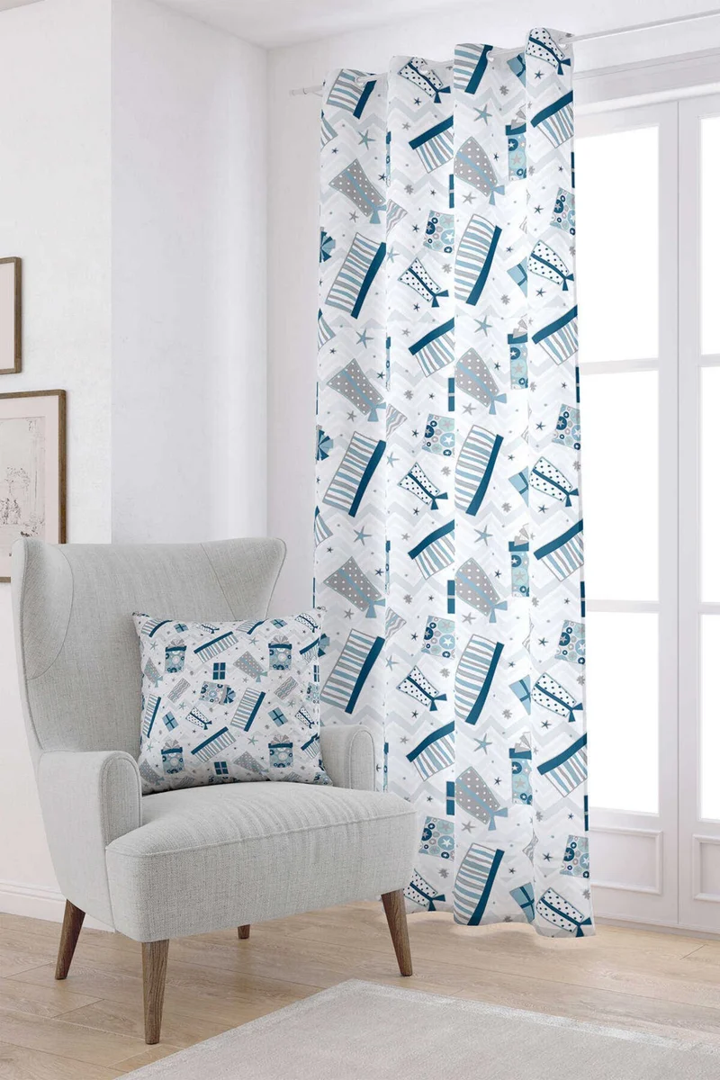كانغو هوم White Blue New Year Themed Digital Printed Curtain CGH815-PR