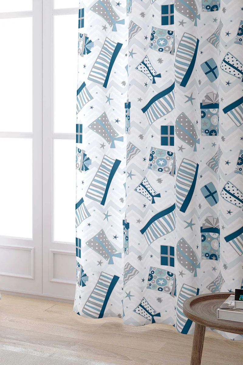 كانغو هوم White Blue New Year Themed Digital Printed Curtain CGH815-PR