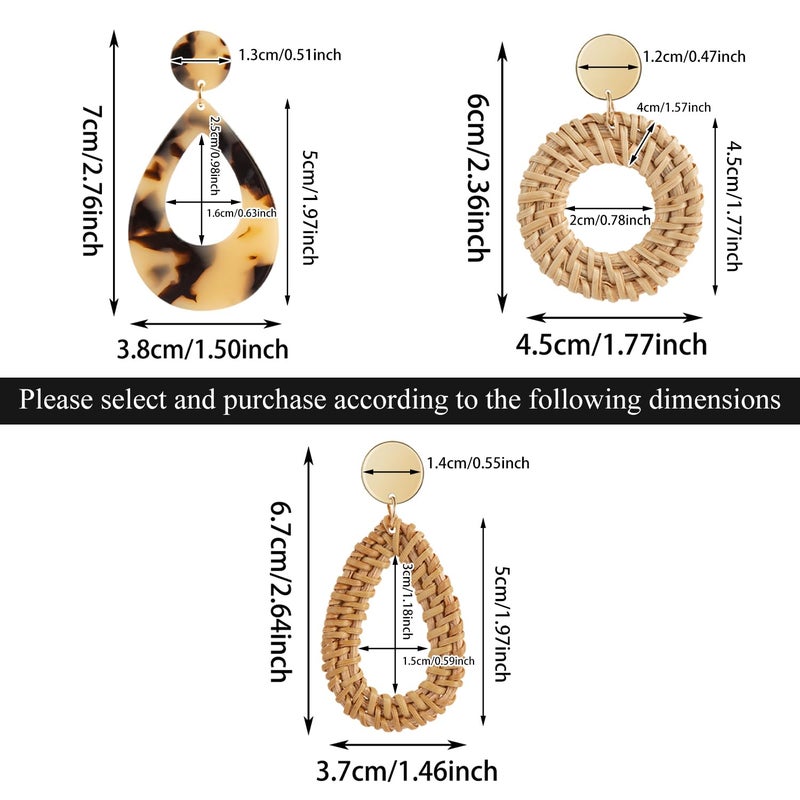 Ponpon 6 Pairs Rattan Earrings, Lightweight Summer Straw Earrings Fashion Geometric Statement Hoop Dangle Drop Zinc Earrings for Women - Image 3