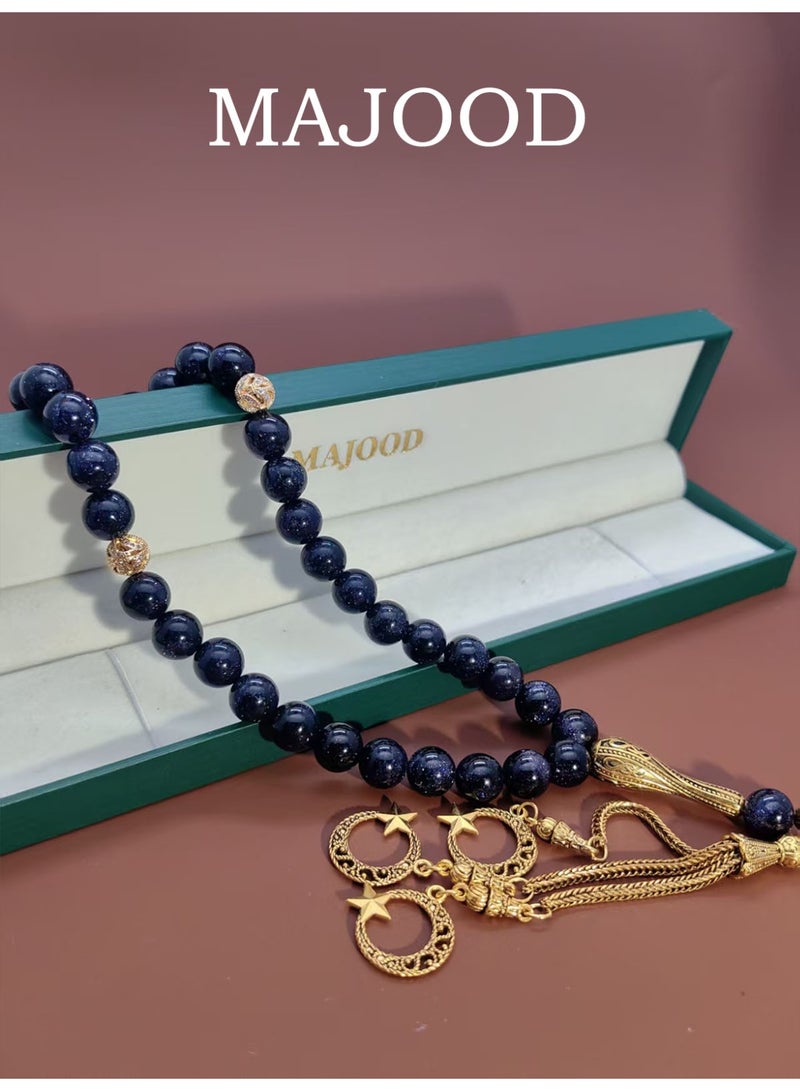MAJOOD/33 Dark Blue Golden Sandstone Prayer Beads/Tasbih/10MM/For Men And Women - Image 1