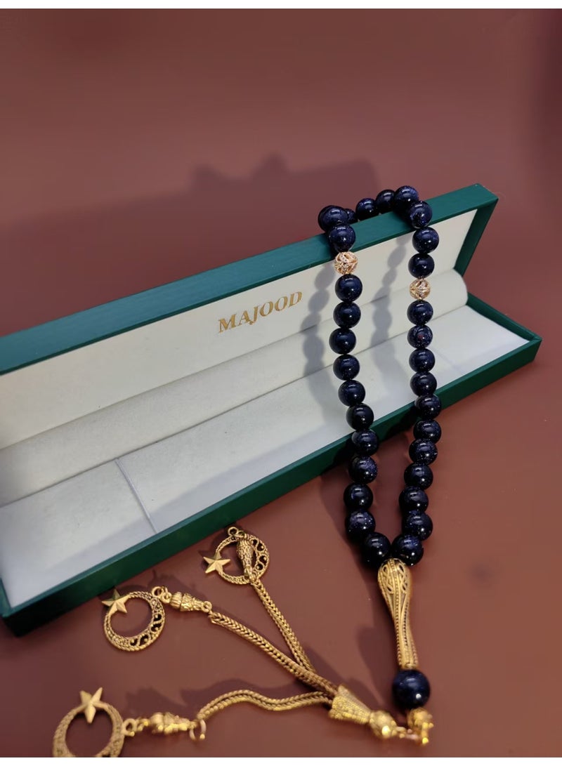 MAJOOD/33 Dark Blue Golden Sandstone Prayer Beads/Tasbih/10MM/For Men And Women - Image 3