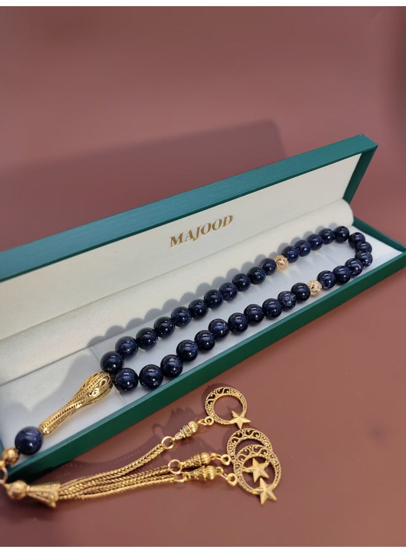 MAJOOD/33 Dark Blue Golden Sandstone Prayer Beads/Tasbih/10MM/For Men And Women - Image 4