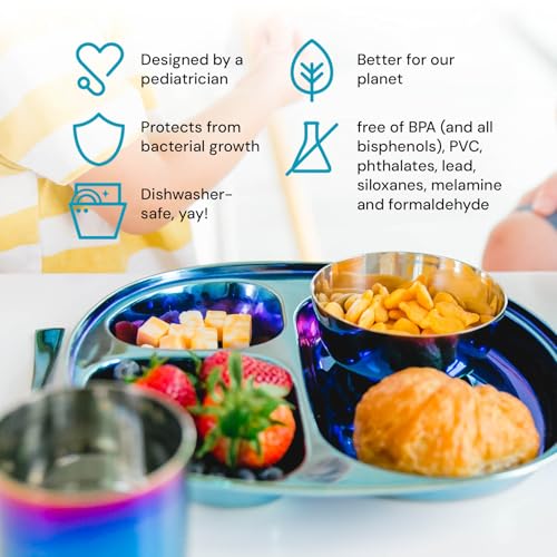 Ahimsa Stainless Steel Kids Dinnerware Set - 5 Piece Stainless Steel Toddler Plates and Bowls Set, Pediatrician Designed, Plastic Free Toddler Plate and Bowl, Kids Utensils and Cup (Blue) - Image 3