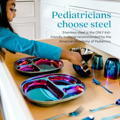 Ahimsa Stainless Steel Kids Dinnerware Set - 5 Piece Stainless Steel Toddler Plates and Bowls Set, Pediatrician Designed, Plastic Free Toddler Plate and Bowl, Kids Utensils and Cup (Blue) - Image 4