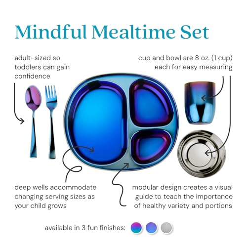 Ahimsa Stainless Steel Kids Dinnerware Set - 5 Piece Stainless Steel Toddler Plates and Bowls Set, Pediatrician Designed, Plastic Free Toddler Plate and Bowl, Kids Utensils and Cup (Blue) - Image 2