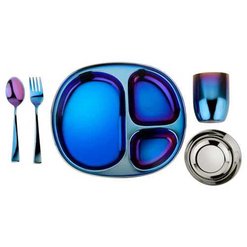 Ahimsa Stainless Steel Kids Dinnerware Set - 5 Piece Stainless Steel Toddler Plates and Bowls Set, Pediatrician Designed, Plastic Free Toddler Plate and Bowl, Kids Utensils and Cup (Blue) - Image 1