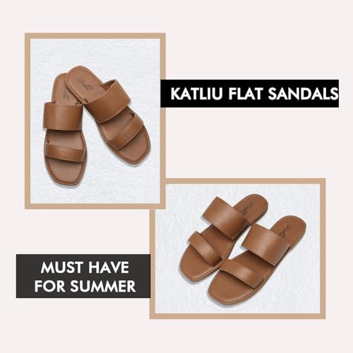 katliu Women's Flat Sandals Two Strap Slide Sandals Open Toe Brown 10 - Image 5