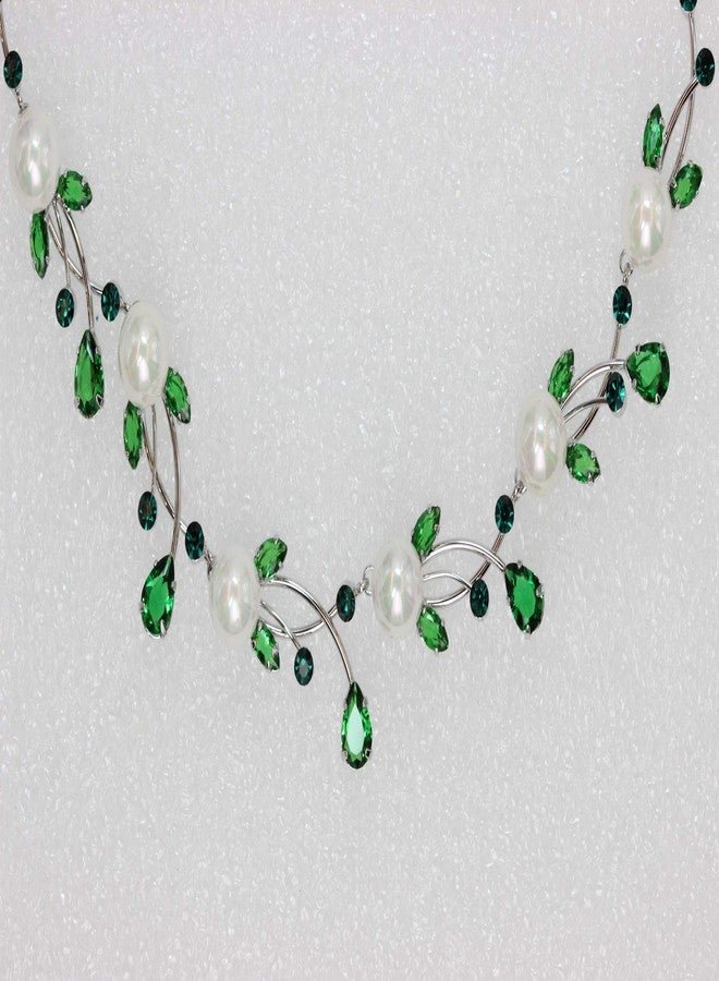 Faship Gorgeous Green CZ Crystal Genuine 10mm Freshwater Pearls Floral Necklace Earrings Set - Green - Image 3