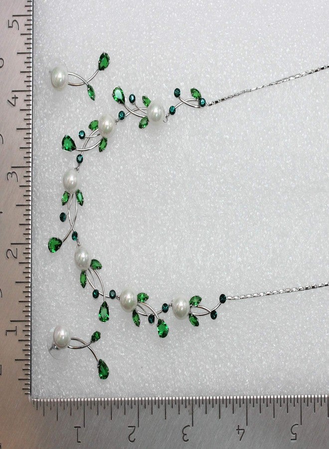 Faship Gorgeous Green CZ Crystal Genuine 10mm Freshwater Pearls Floral Necklace Earrings Set - Green - Image 5
