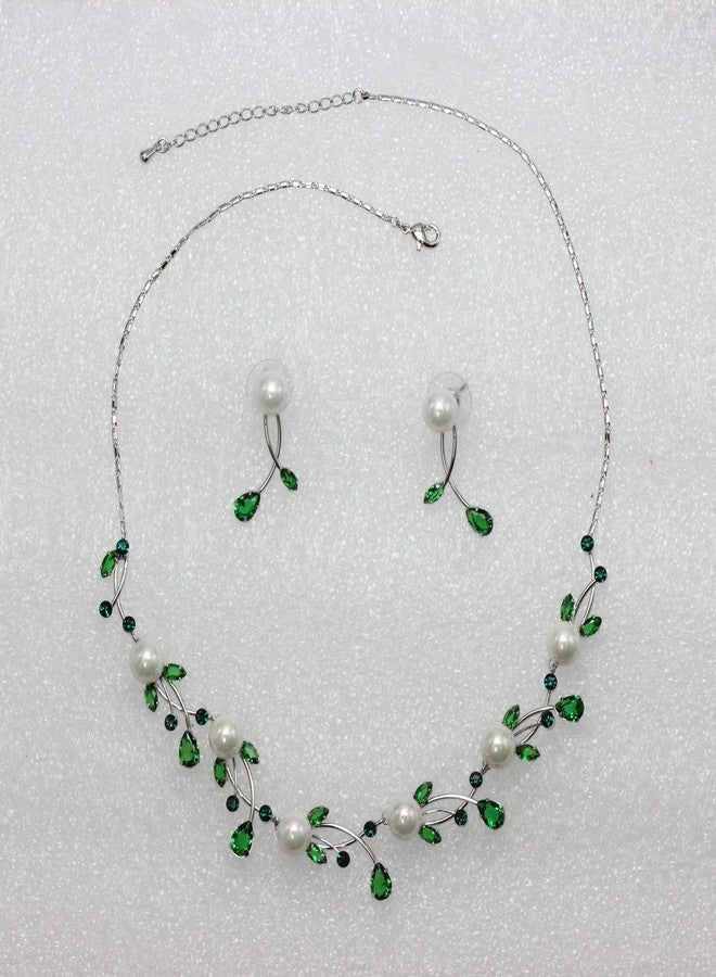 Faship Gorgeous Green CZ Crystal Genuine 10mm Freshwater Pearls Floral Necklace Earrings Set - Green - Image 2