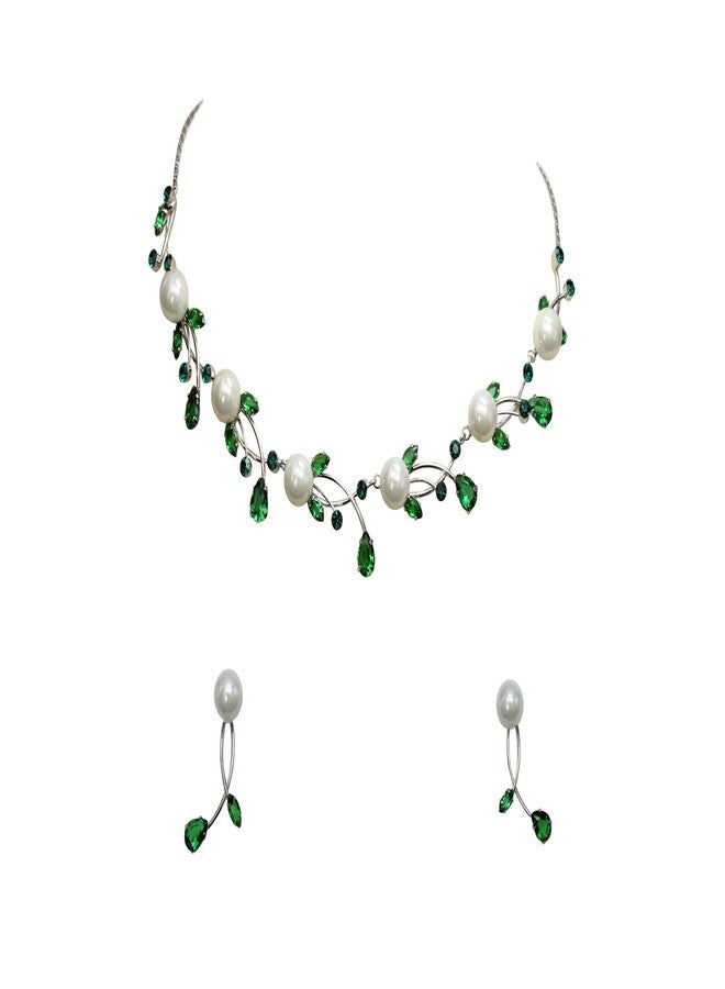 Faship Gorgeous Green CZ Crystal Genuine 10mm Freshwater Pearls Floral Necklace Earrings Set - Green - Image 1