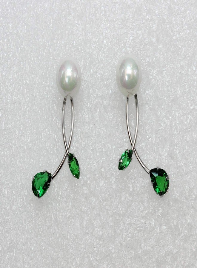 Faship Gorgeous Green CZ Crystal Genuine 10mm Freshwater Pearls Floral Necklace Earrings Set - Green - Image 4