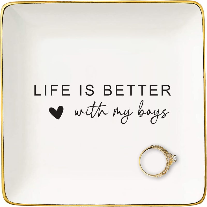 NZY Mother's Day,Christmas Gifts for Mom,Happy Mom Life-Baby Gift Shower for Mommy-Boy Mother Present-Mama Appreciation Present-Ceramic Jewelry Tray Trinket Holder Ring Dish-Life Is Better With My Boys - Image 1