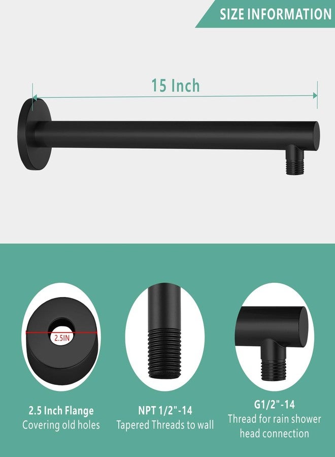 Voolan 15“ Round Shower Arm with Flange and Teflon Tape, Extension Shower Head Arm for Bathroom Fixed Shower Head, Solid Stainless Steel, Wall Mounted (Matte Black) - Image 2
