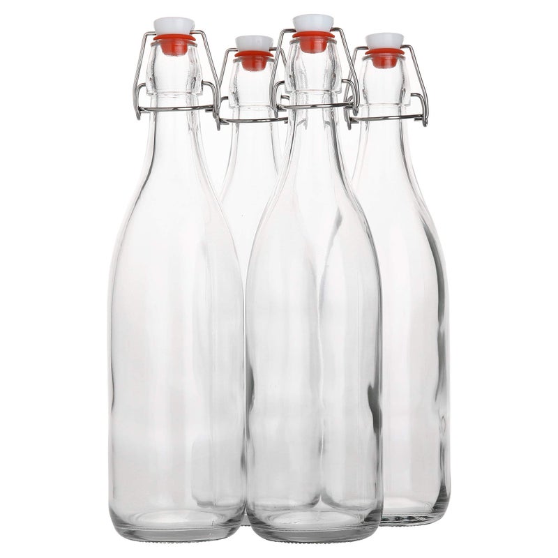 AYL Flip Top Glass Bottle 1 Liter  33 fl oz Pack of 4  Swing Brewing Bottle with Stopper for Beverages Oil Vinegar Kombucha Water Soda Kefir  Airtight Lid  Leak Proof Cap  Clear