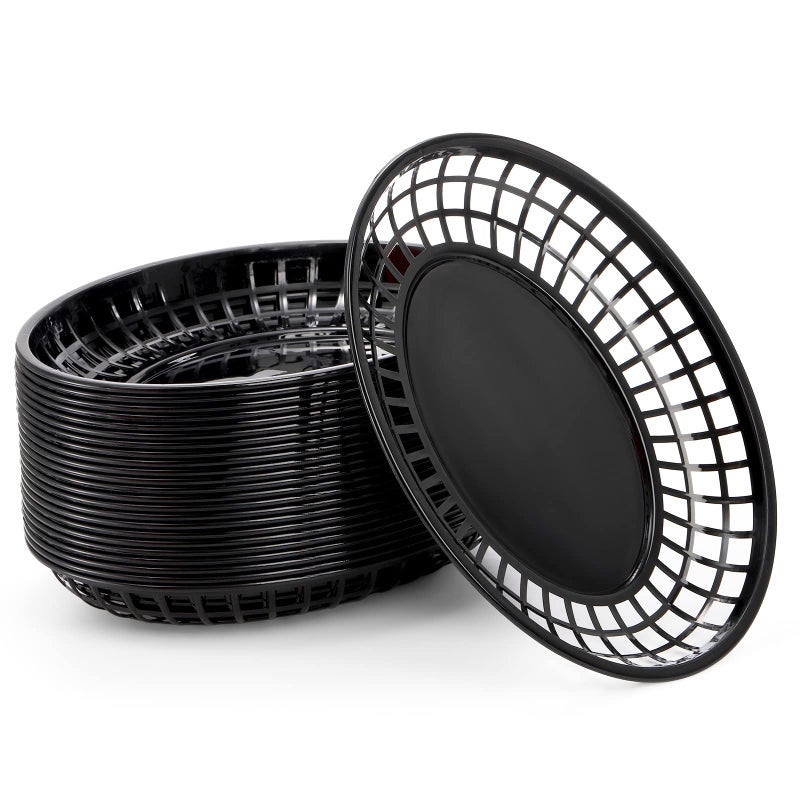 Kingrol Large Fast Food Baskets 118 x 875 Inch Set of 24 Black Oval Plastic Food Serving Baskets for Restaurant Home Kitchen Office Party Picnic