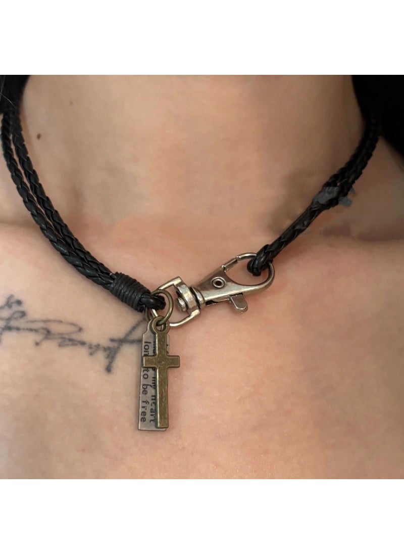 Vintage Cross Pendant Layered Necklace Black-Cross Square Necklace 