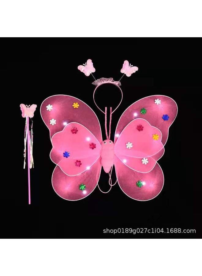 Women's Glowing Butterfly Wings Costume Set Light For Children's Performances Stage Props Dress Up Four Piece Set-Color:Pink-Specifications:Double Luminous Butterfly Wings Four-piece Dress Luminous  - Image 1