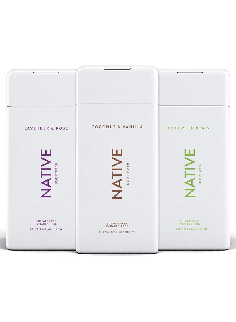 Native Body Wash 3 Pack - Natural Body Wash Made without Sulfates - Cucumber & Mint, Coconut & Vanilla, Lavender & Rose