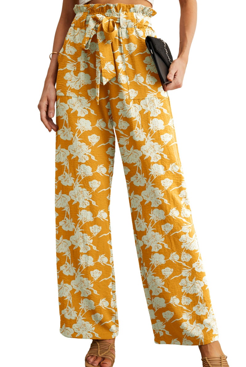IWOLLENCE High Waisted Pants for Women Adjustable Knot Loose Casual Trousers Business Work Casual Pants Yellow White Flower X-Large - Image 1
