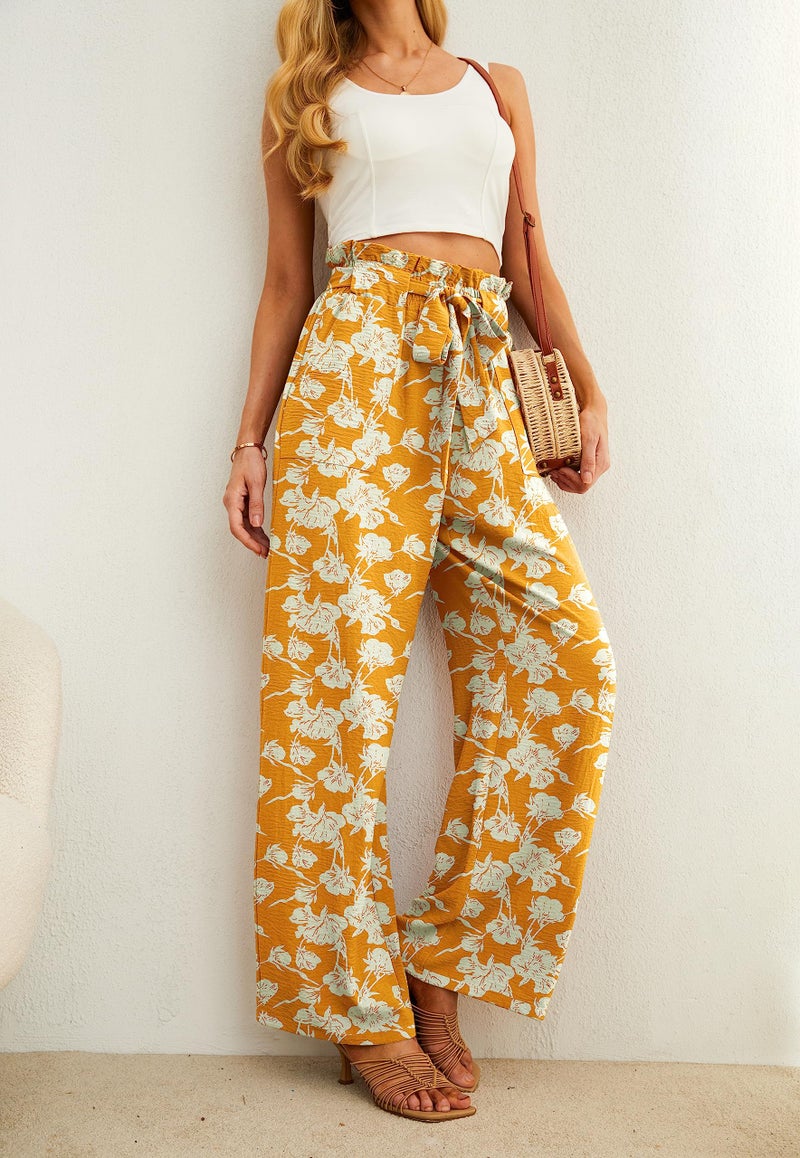 IWOLLENCE High Waisted Pants for Women Adjustable Knot Loose Casual Trousers Business Work Casual Pants Yellow White Flower X-Large - Image 3