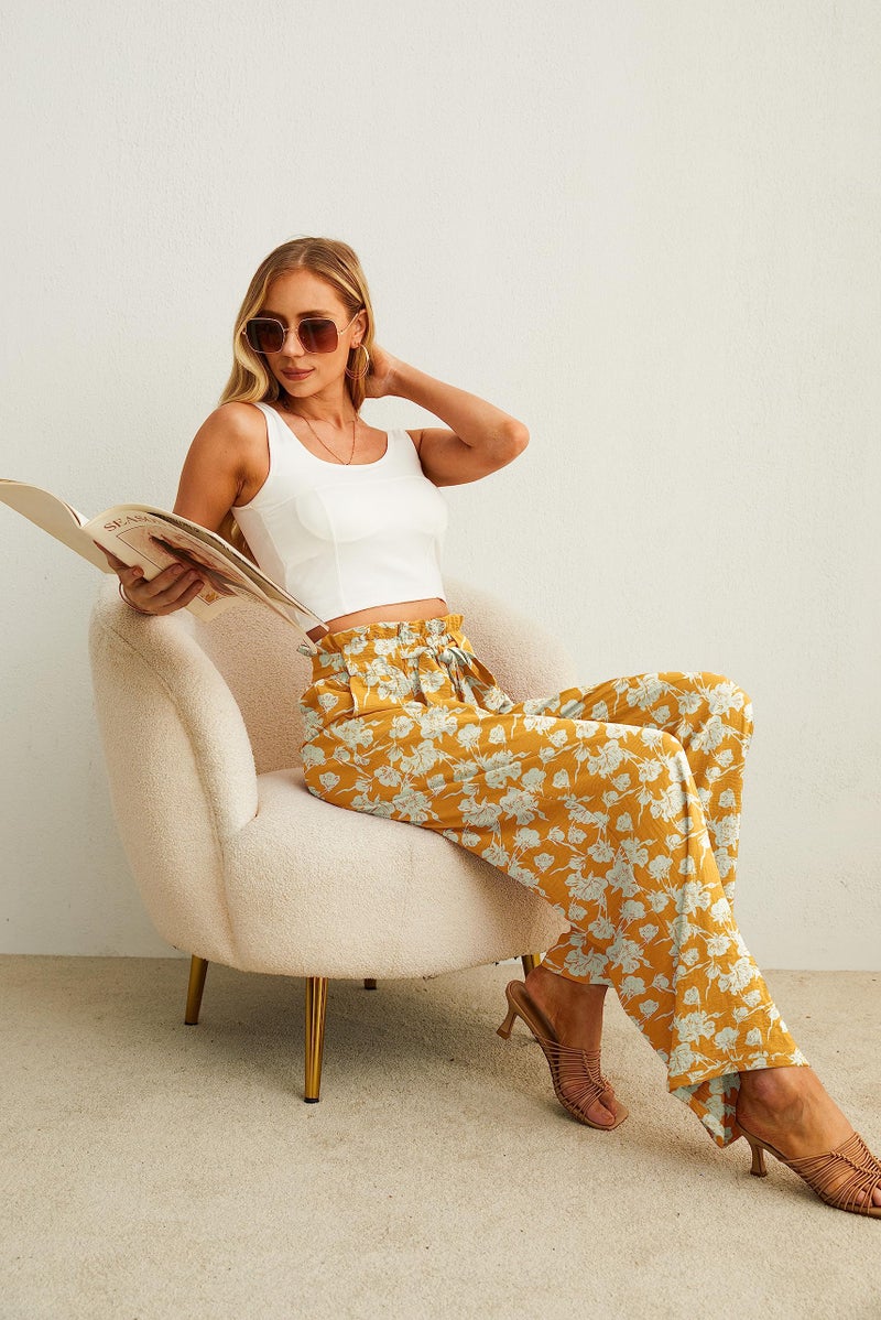 IWOLLENCE High Waisted Pants for Women Adjustable Knot Loose Casual Trousers Business Work Casual Pants Yellow White Flower X-Large - Image 4