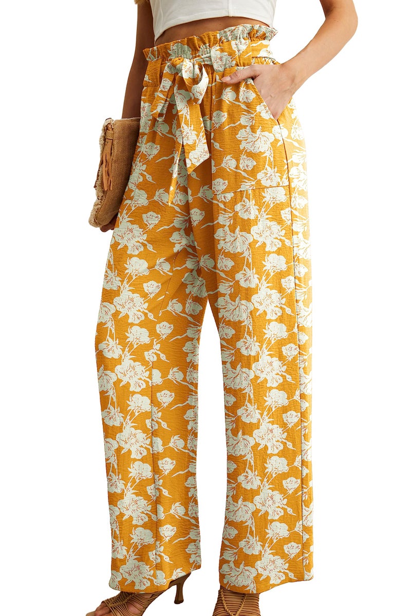 IWOLLENCE High Waisted Pants for Women Adjustable Knot Loose Casual Trousers Business Work Casual Pants Yellow White Flower X-Large - Image 2