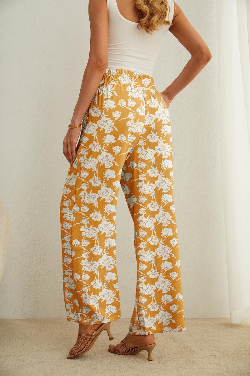 IWOLLENCE High Waisted Pants for Women Adjustable Knot Loose Casual Trousers Business Work Casual Pants Yellow White Flower X-Large - Image 5