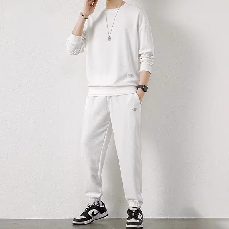 Spring and Autumn 2024 New Mens Long Sleeve Sweat Trousers Waffley Casual Sports Student Youth Loose suit white 