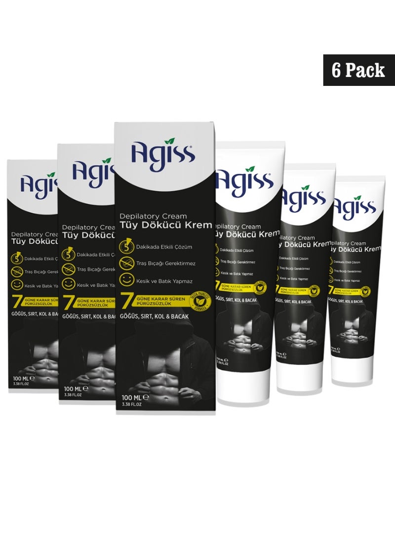 Agiss Men’s Hair Removal Cream (6-Pack) – Fast 5-Minute Depilatory Formula for Chest, Back, Arms & Legs – Smooth Results without Razor Burn or Ingrowns – 100ml Per Tube