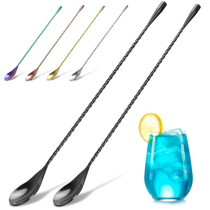 2PACK 12 INCHES STAINLESS STEEL BARTENDER MIXING SPOON COCKTAIL STIRRERS SPIRAL PATTERN BAR SPOON STIRRING SPOON WITH LONG HANDLE BLACK