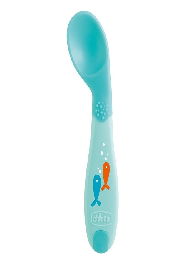 Chicco First Cutlery, Baby Spoon with Angled Tip for Self Feeding (8+ months) | Suitable For Training Toddlers, Soft & Flexible Silicone Tip (Blue) - Image 1