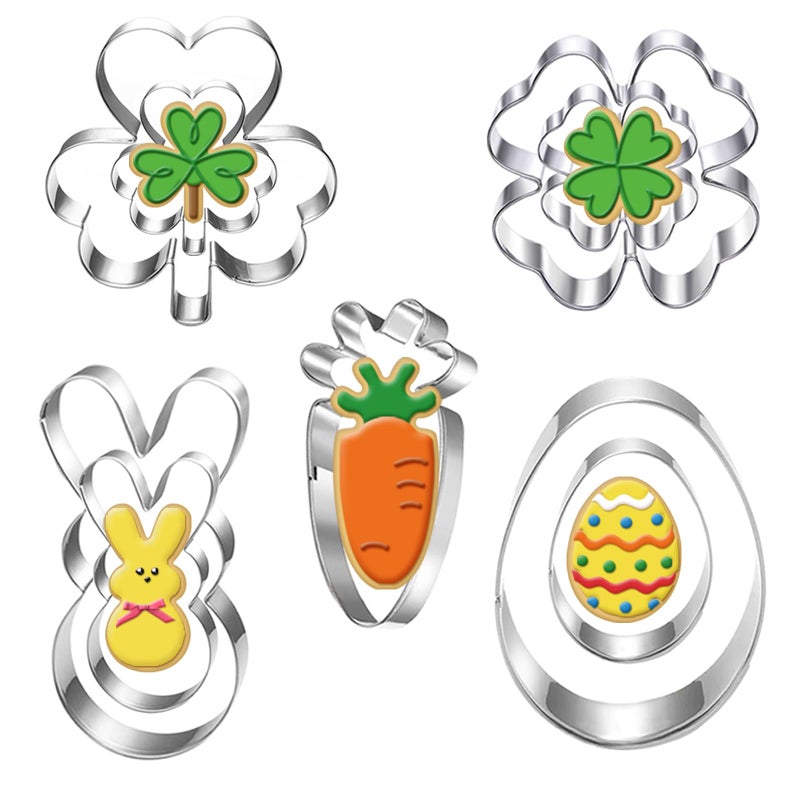 Auktosmn St. Patrick's and Easter Cookie Cutter Set-9 Piece-Dishwasher Safe-Shamrock, 4 Leaf Clover, Bunny, Egg and Carrot-Cookie Cutter for Spring Easter and St. Patrick's Day Decor - Image 1