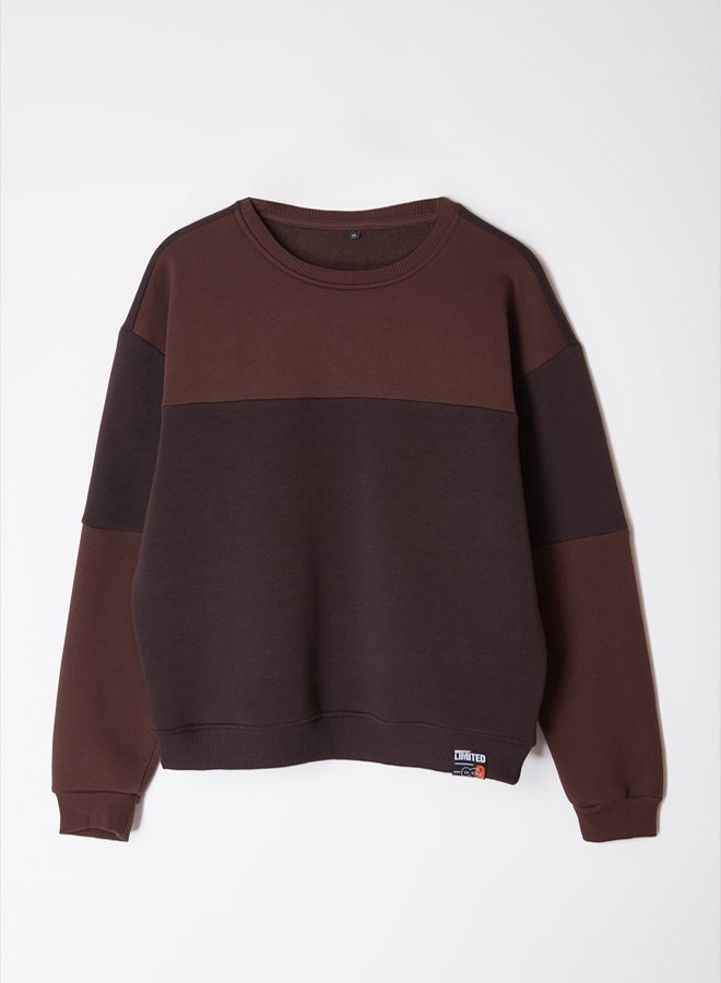 trendyol Dark Brown Oversize/Wide Cut Color Block Fleece Inside Basic Sweatshirt - Image 5