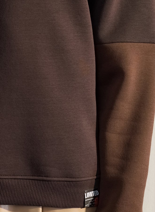 trendyol Dark Brown Oversize/Wide Cut Color Block Fleece Inside Basic Sweatshirt - Image 3