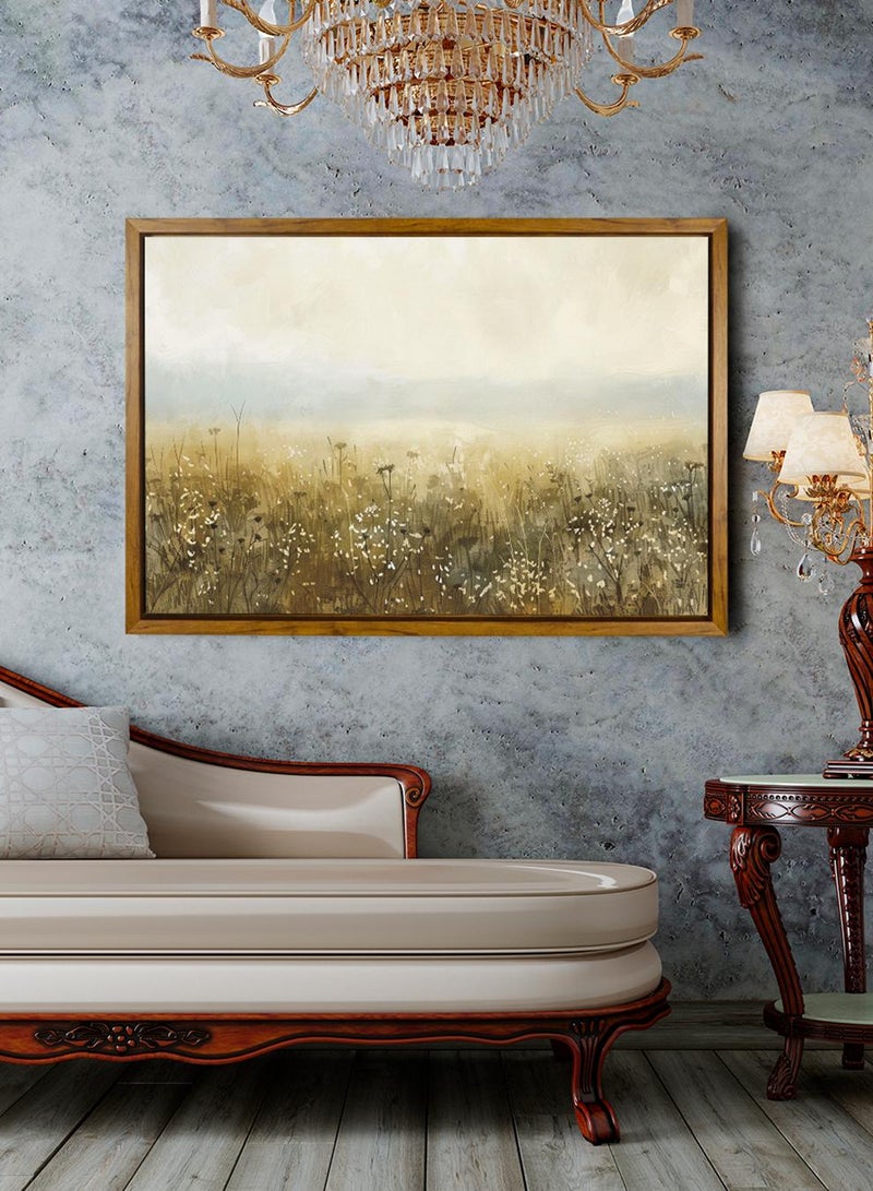 LOWHA Canvas Wall Art Stretched Over Wooden Frame with Wooden Color Floating Frame and Vintage Style Flowers Field Painting - Image 1