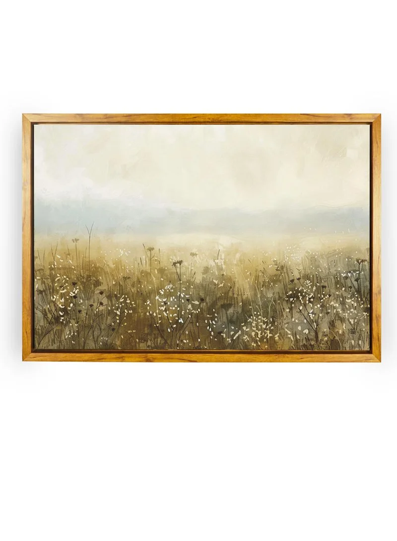 LOWHA Canvas Wall Art Stretched Over Wooden Frame with Wooden Color Floating Frame and Vintage Style Flowers Field Painting